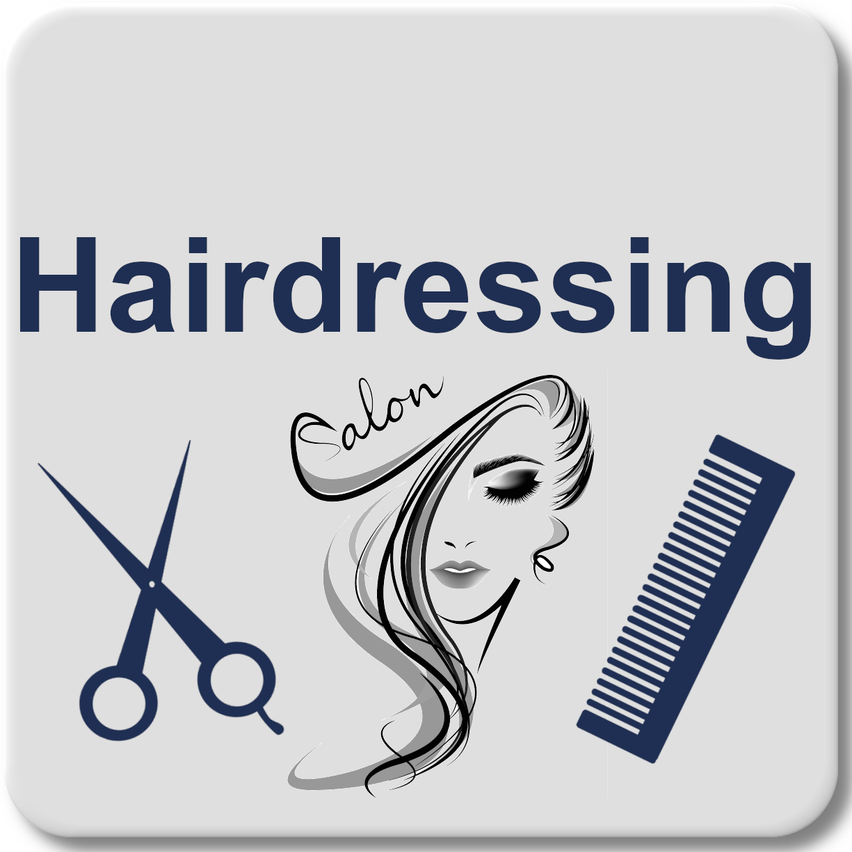 Tunika Salon Towels Hairdressing Navigation Tile depicting an illustration of a woman long hair style icon with the word salon above her hairline